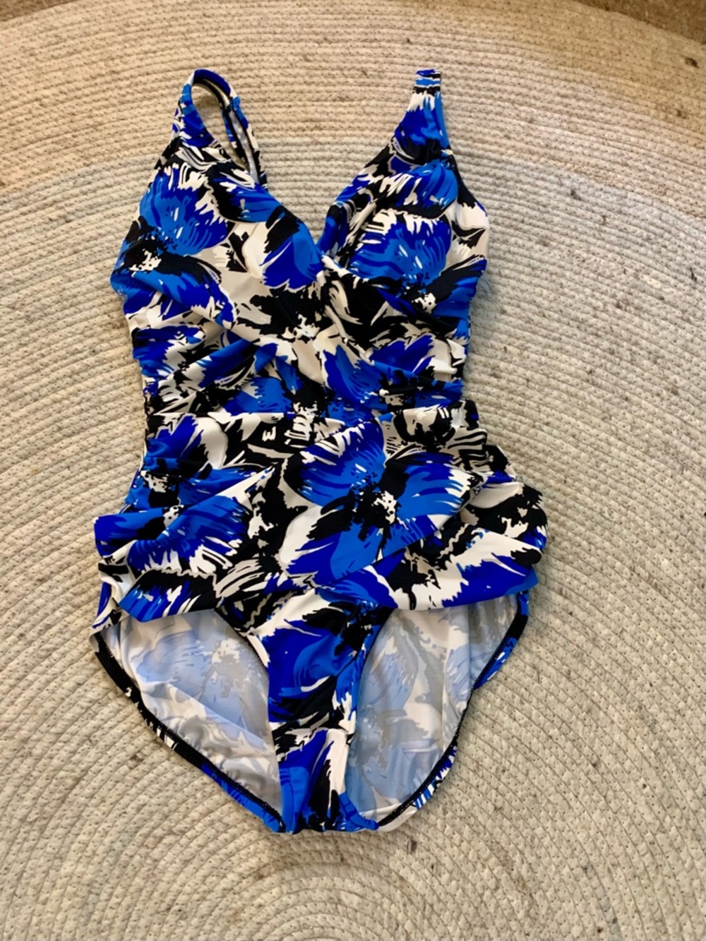 INC International Concepts Black, White and Blue Floral One-Piece